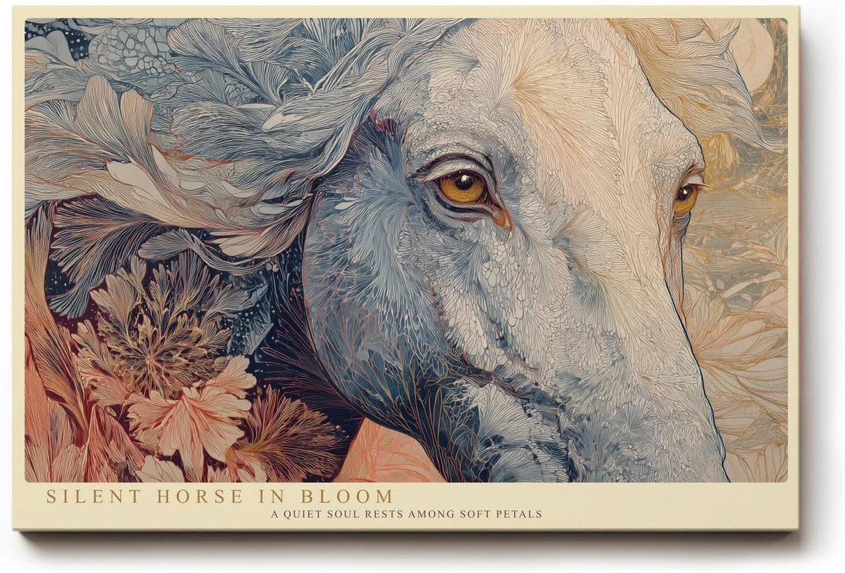 Paul Sinus Wandbild 120x80cm Eleganter Pferdekopf mit Blumen Kunstvolle Tierillustration in Blau und Creme Wanddekoration