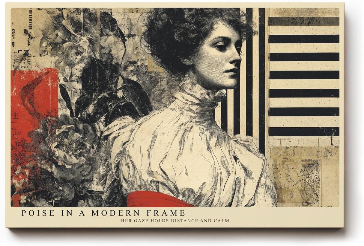 Paul Sinus Wandbild 120x80cm Elegantes Frauenportrait Moderne Collage Kunst in Beige Schwarz und Rot Stilvolle Wanddekoration