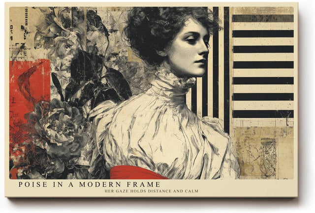Paul Sinus Wandbild 120x80cm Elegantes Frauenportrait Moderne Collage Kunst in Beige Schwarz und Rot Stilvolle Wanddekoration