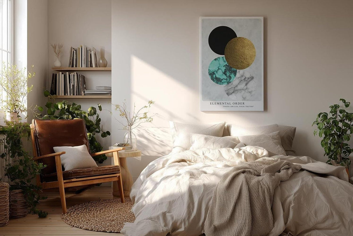 Paul Sinus Wandbild in 40x60cm Elemental Order – Minimalistische Vierkreiskomposition in Schwarz, Gold, Türkis und Marmorstruktur