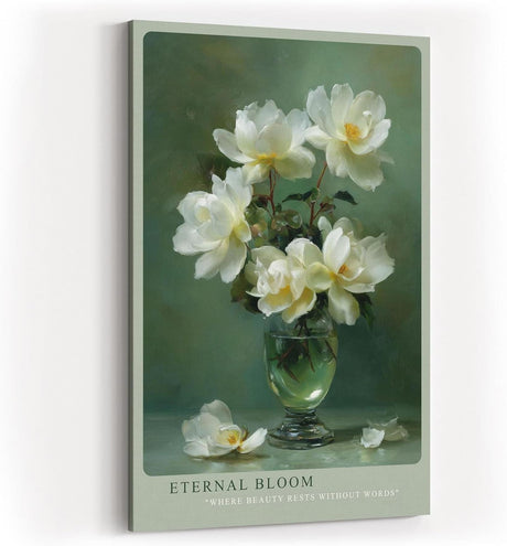 Paul Sinus Wandbild in 40x60cm Eternal Bloom elegantes Stillleben mit weißen Blüten in Glasvase auf grünem Hintergrund
