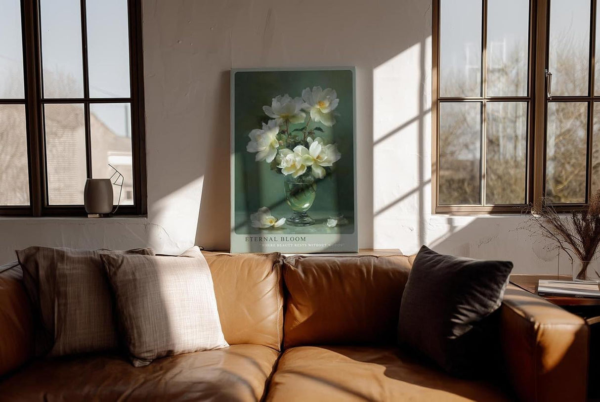 Paul Sinus Wandbild in 40x60cm Eternal Bloom elegantes Stillleben mit weißen Blüten in Glasvase auf grünem Hintergrund