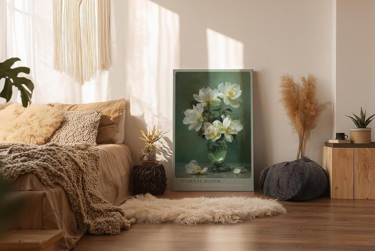 Paul Sinus Wandbild in 40x60cm Eternal Bloom elegantes Stillleben mit weißen Blüten in Glasvase auf grünem Hintergrund