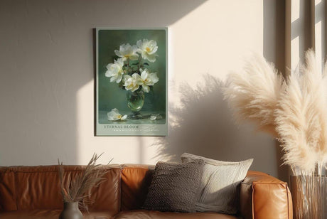 Paul Sinus Wandbild in 40x60cm Eternal Bloom elegantes Stillleben mit weißen Blüten in Glasvase auf grünem Hintergrund