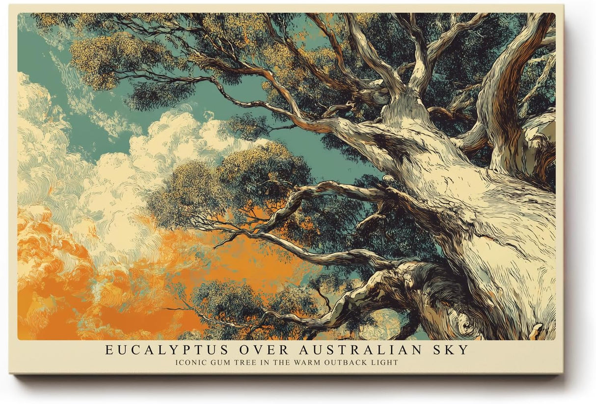 Paul Sinus Wandbild 120x80cm Eukalyptus Baum unter australischem Himmel Atmosphaerische Naturkunst mit warmen Outback Farben