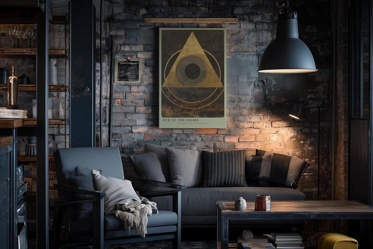 Paul Sinus Wandbild in 40x60cm Eye of the Sigma – Abstrakte geometrische Komposition mit goldenem Dreieck und zentralem Kreis auf dunkler Strukturfläche