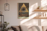 Paul Sinus Wandbild in 40x60cm Eye of the Sigma – Abstrakte geometrische Komposition mit goldenem Dreieck und zentralem Kreis auf dunkler Strukturfläche