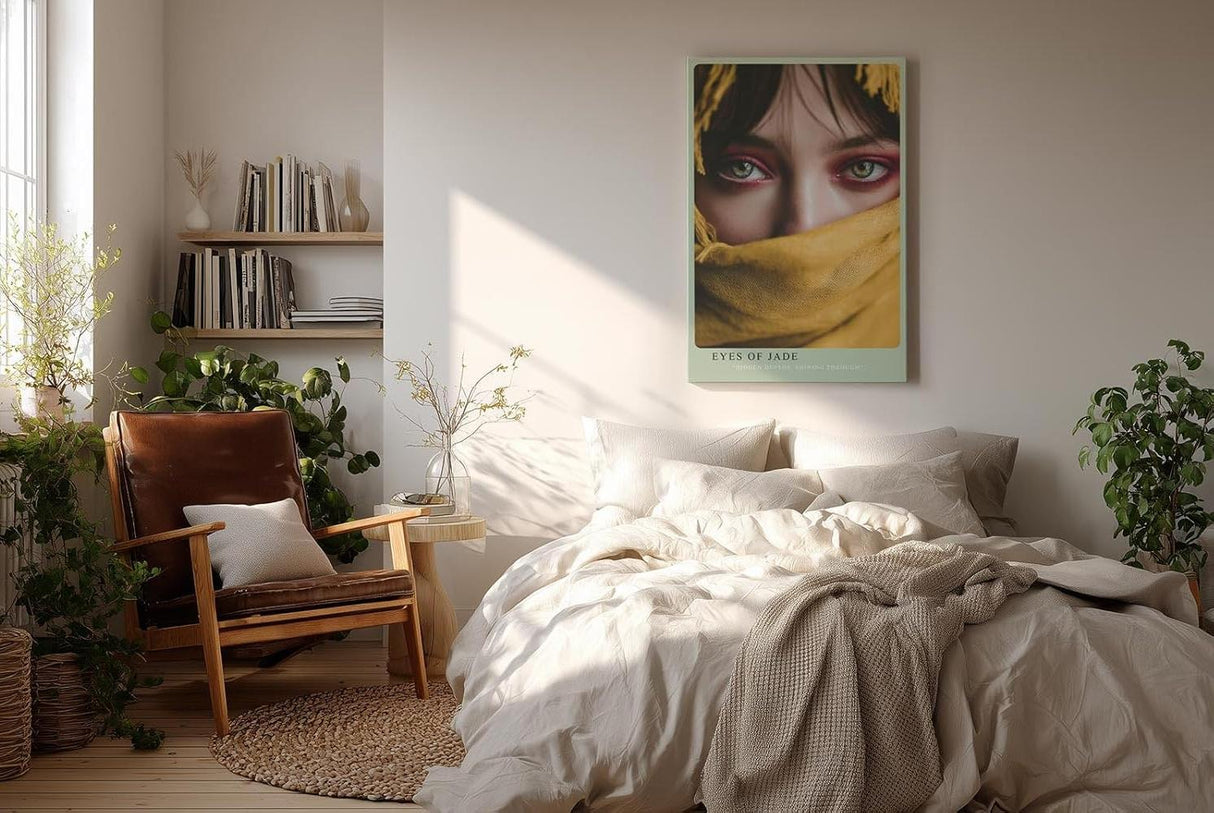Paul Sinus Wandbild in 40x60cm Eyes of Jade – Intensiver Blick mit grünen Augen und gelbem Tuch