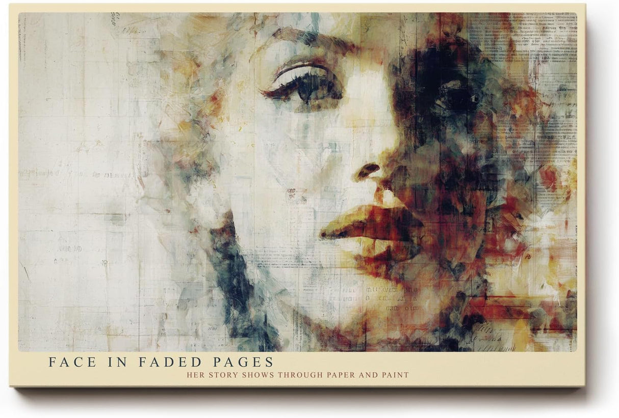 Paul Sinus Wandbild 120x80cm Face in Faded Pages Künstlerisches Frauenportrait Collage Kunst Modernes Wandbild 120x80cm fuer Wohnzimmer Schlafzimmer und Büro