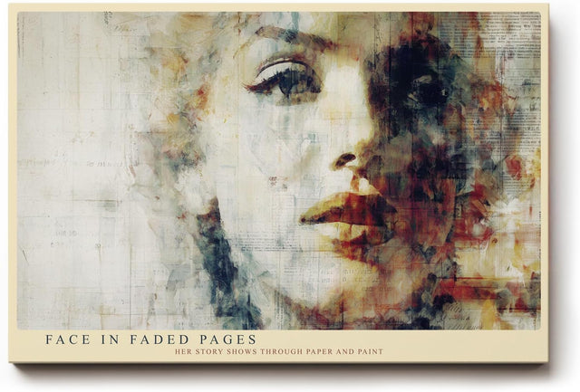 Paul Sinus Wandbild 120x80cm Face in Faded Pages Künstlerisches Frauenportrait Collage Kunst Modernes Wandbild 120x80cm fuer Wohnzimmer Schlafzimmer und Büro