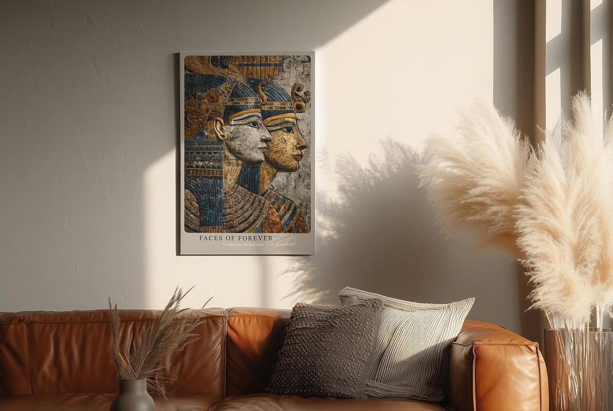 Paul Sinus Wandbild in 40x60cm Faces of Forever – Reliefdarstellung zweier ägyptischer Herrscher in Gold, Blau und Steinstruktur