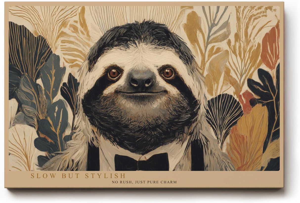 Paul Sinus Wandbild 120x80cm Faultier Portrait moderne Tierkunst botanischer Hintergrund naturfarben stilvolle Wanddekoration fuer Wohnzimmer Kinderzimmer