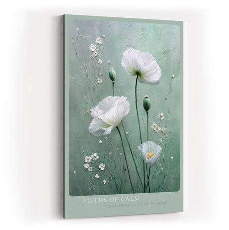 Paul Sinus Wandbild in 40x60cm Fields of Calm – weiße Mohnblumen auf zartgrünem Hintergrund, sanfte florale Kunst mit eleganter Textur