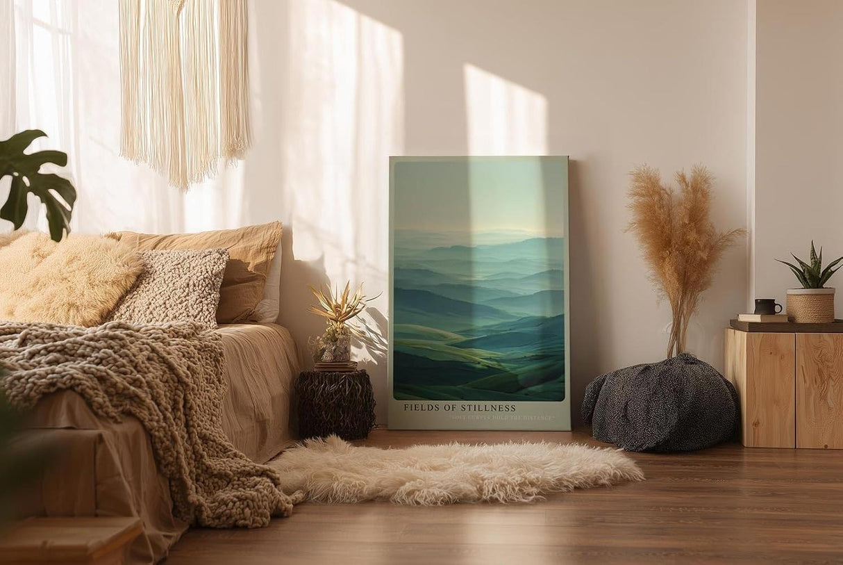 Paul Sinus Wandbild in 40x60cm Fields of Stillness – beruhigende Hügellandschaft in zarten Grünund Blautönen für harmonische Raumgestaltung