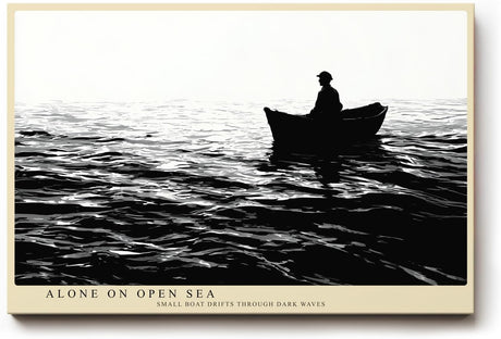 Paul Sinus Wandbild 120x80cm Fischer im Boot auf offenem Meer Schwarz Weiss Fotokunst ruhiges maritimes Kunstposter elegante Wanddekoration fuer Wohnzimmer Schlafzimmer Büro