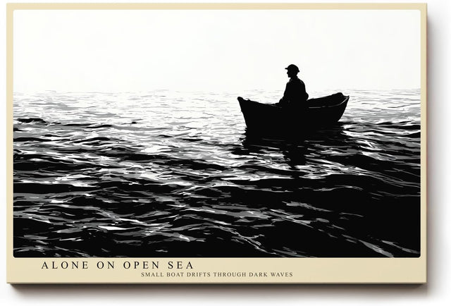 Paul Sinus Wandbild 120x80cm Fischer im Boot auf offenem Meer Schwarz Weiss Fotokunst ruhiges maritimes Kunstposter elegante Wanddekoration fuer Wohnzimmer Schlafzimmer Büro