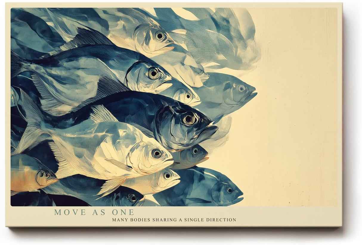 Paul Sinus Wandbild 120x80cm Fischschwarm Unterwasser Kunst moderne Meeresmalerei blau beige Naturfarben stilvolle Wanddekoration fuer Wohnzimmer Büro