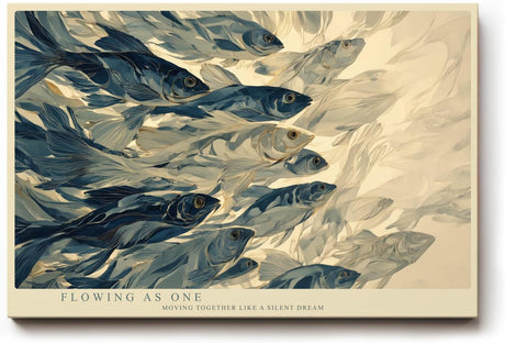 Paul Sinus Wandbild 120x80cm Fischschwarm abstrakte Unterwasser Kunst blau beige moderne Meeresillustration grosses Kunstbild stilvolle Wanddekoration fuer Wohnzimmer Büro Flur