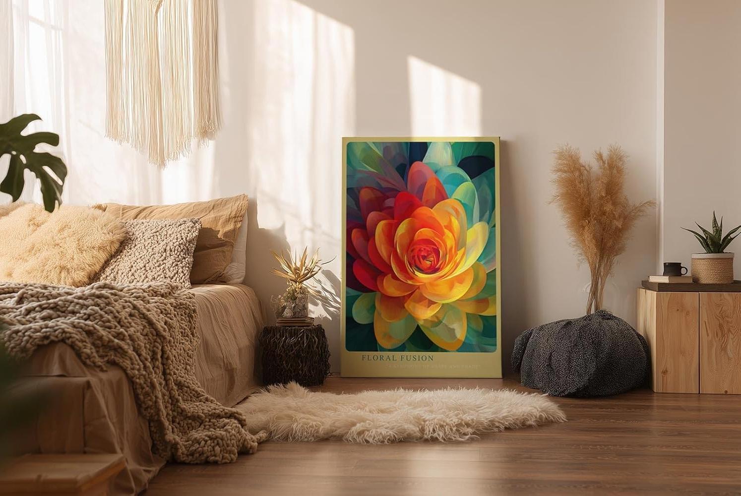 Paul Sinus Wandbild in 40x60cm Floral Fusion Farbintensive abstrakte Blüte in leuchtendem Gelb, Rot und Grün für stilvolle Raumakzente