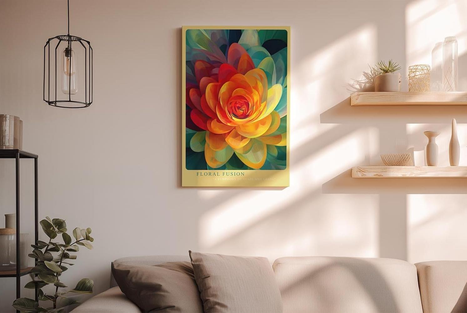 Paul Sinus Wandbild in 40x60cm Floral Fusion Farbintensive abstrakte Blüte in leuchtendem Gelb, Rot und Grün für stilvolle Raumakzente