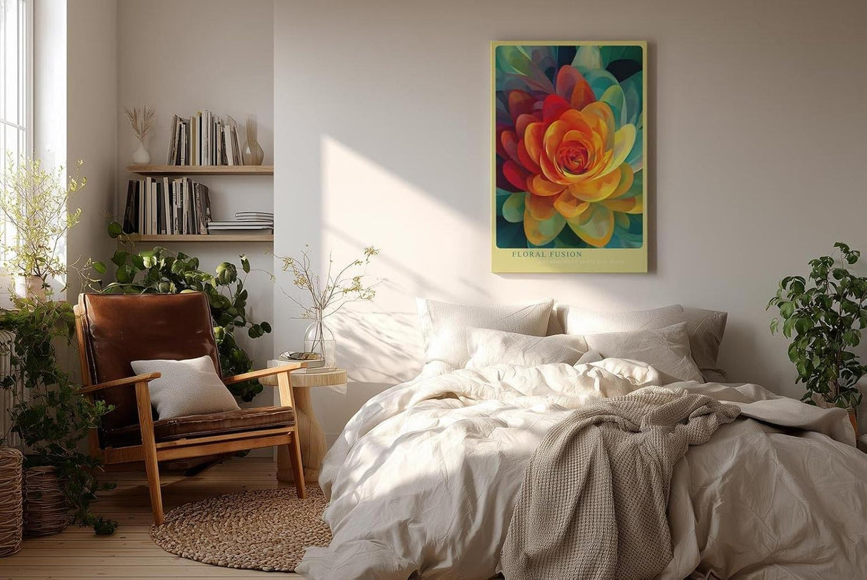 Paul Sinus Wandbild in 40x60cm Floral Fusion Farbintensive abstrakte Blüte in leuchtendem Gelb, Rot und Grün für stilvolle Raumakzente