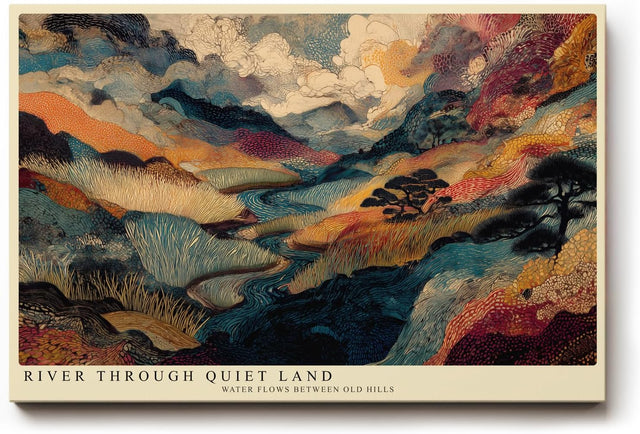 Paul Sinus Wandbild 120x80cm Fluss durch ruhige Landschaft – Künstlerische Naturillustration mit Hügeln Wolken und fließendem Wasser
