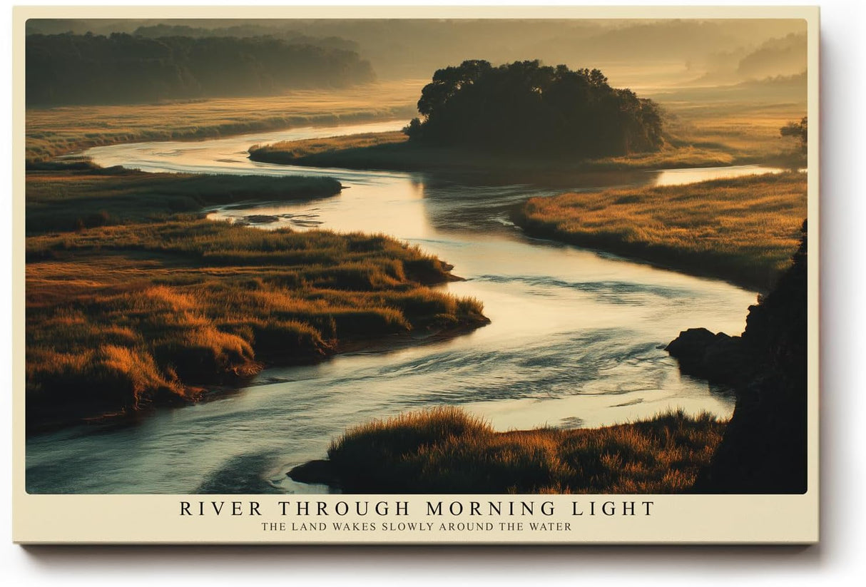 Paul Sinus Wandbild 120x80cm Flusslandschaft Morgenlicht moderne Natur Fotokunst grosses Landschaftsbild stilvolle Wanddekoration fuer Wohnzimmer Büro