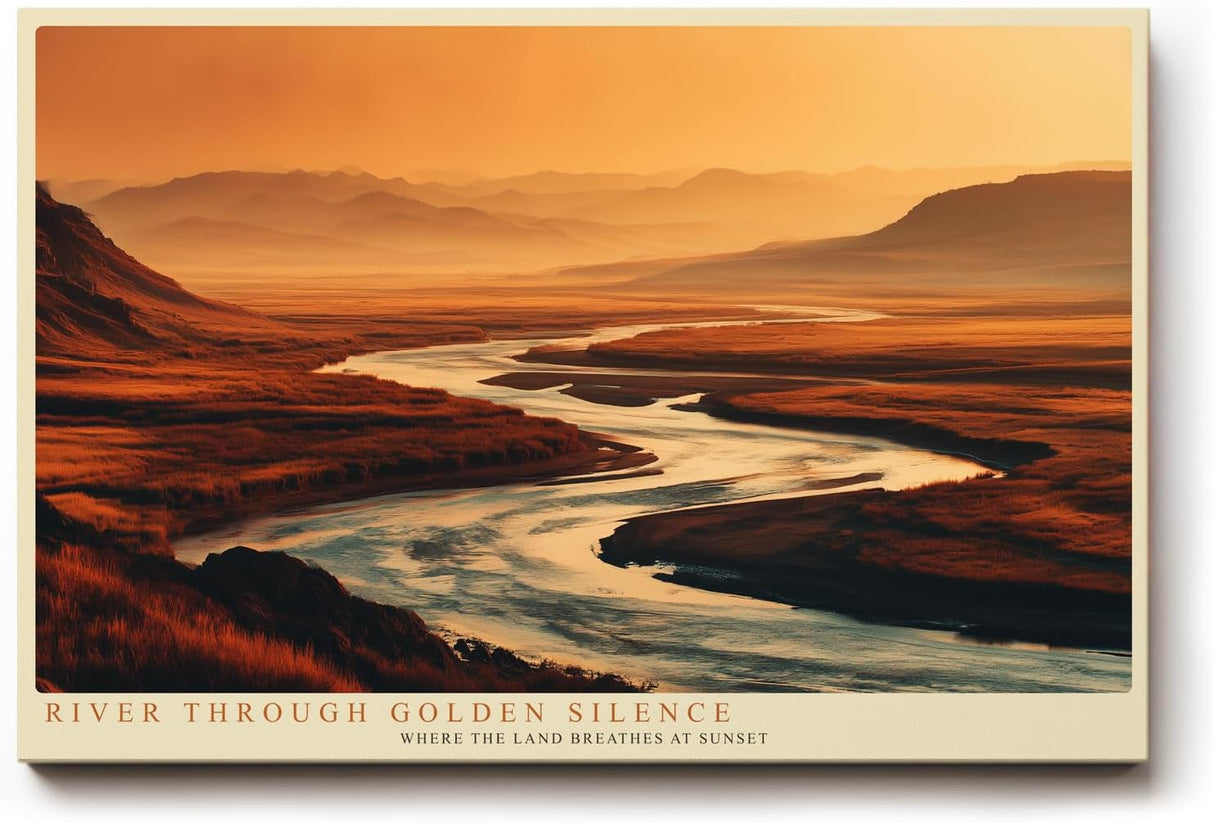 Paul Sinus Wandbild 120x80cm Flusslandschaft Sonnenuntergang modern orange gold Natur Kunst grosses Landschaftsbild stilvolle Wanddekoration fuer Wohnzimmer Büro