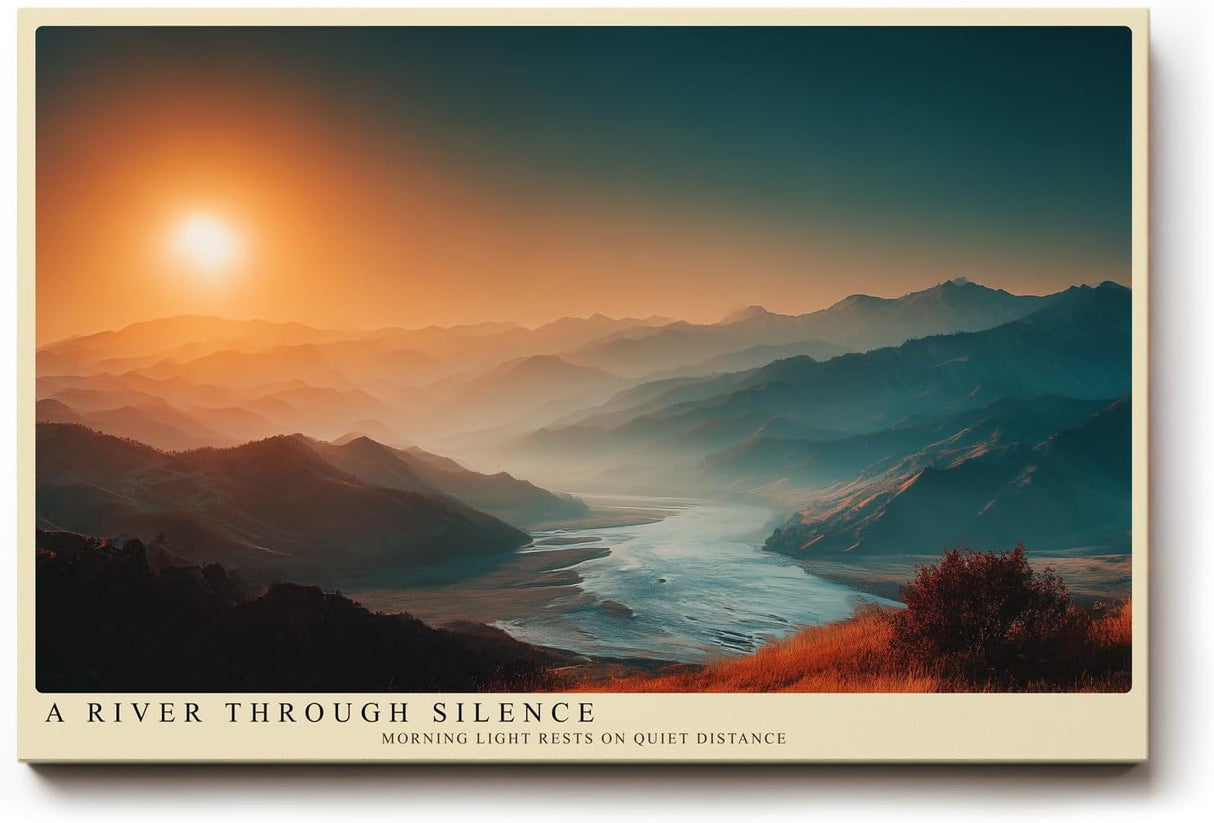 Paul Sinus Wandbild 120x80cm Flusslandschaft bei Sonnenaufgang weite Berglandschaft ruhige Natur Szene modernes Landschaftsbild stilvolle Wanddekoration fuer Wohnzimmer Büro