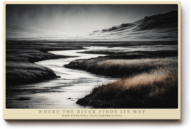 Paul Sinus Wandbild 120x80cm Flusslandschaft in Schwarz Weiss ruhige Naturfotografie mit Wiesen und Bergen minimalistische Wanddekoration fuer Wohnzimmer Büro