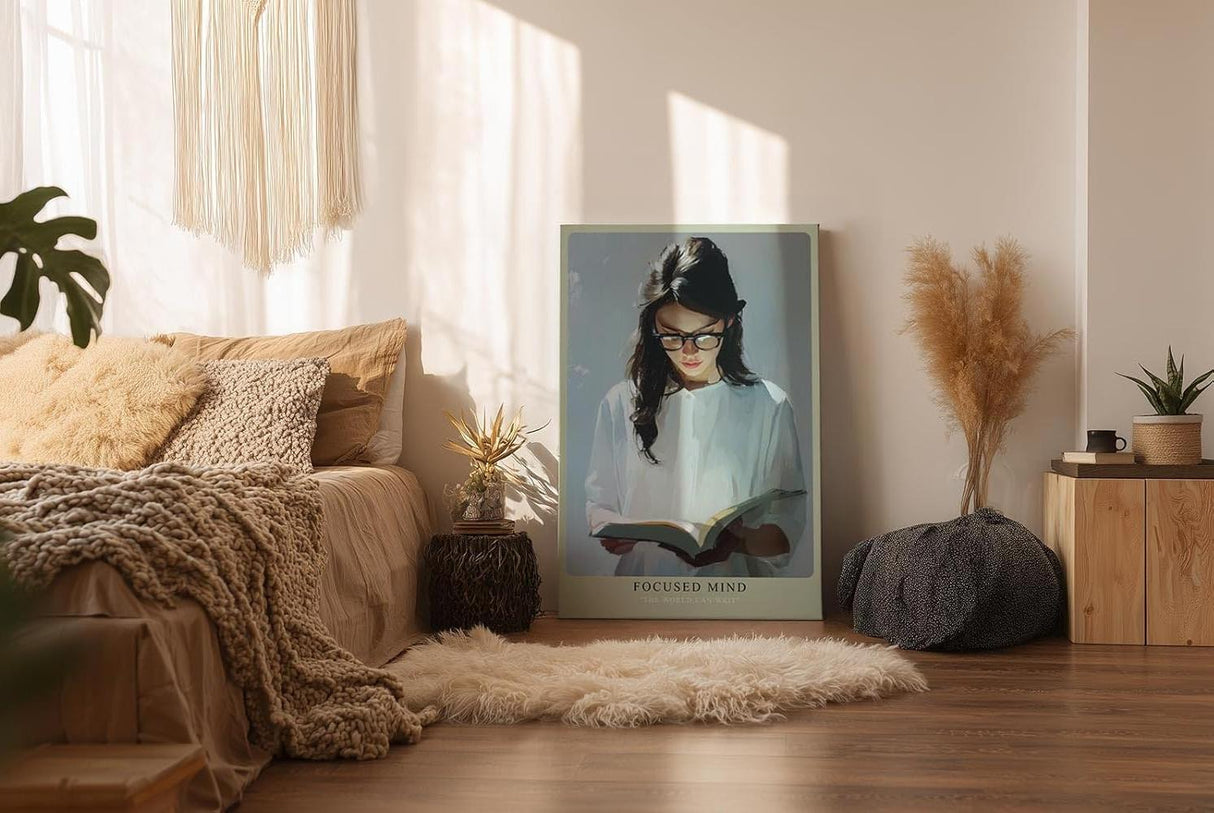 Paul Sinus Wandbild in 40x60cm Focused Mind – Ausdrucksstarkes Porträt einer jungen Frau mit Brille, vertieft ins Lesen, moderne Bilder in kühlen Farbtönen, konzentriert und stilvoll