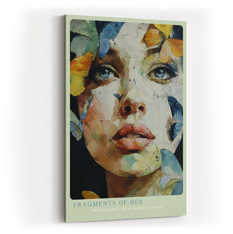 Paul Sinus Wandbild in 40x60cm Fragments of Her – ausdrucksstarkes Porträt einer Frau mit Schmetterlingsfragmenten in leuchtenden Farben