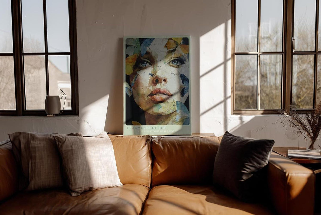 Paul Sinus Wandbild in 40x60cm Fragments of Her – ausdrucksstarkes Porträt einer Frau mit Schmetterlingsfragmenten in leuchtenden Farben