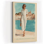 Paul Sinus Wandbild in 40x60cm Französische Riviera Frau im weißen Jumpsuit am Hafen mediterrane Eleganz auf Leinwand