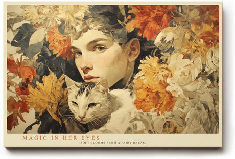 Paul Sinus Wandbild 120x80cm Frau Mit Katze Blumen Kunst LeinWandbild 120x80cm Romantisches Portrait Wanddekoration