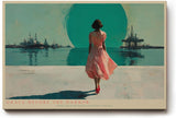 Paul Sinus Wandbild 120x80cm Frau am Hafen Moderne Küsten Illustration Kunstmotiv mit Meer Industrie Skyline für Wohnzimmer Büro