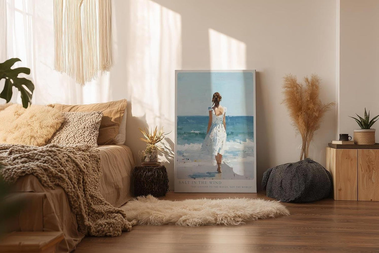Paul Sinus Wandbild in 40x60cm Frau im weißen Kleid am Meer – harmonisches Küstenmotiv in impressionistischer Malweise für entspannende Wohnraumgestaltung