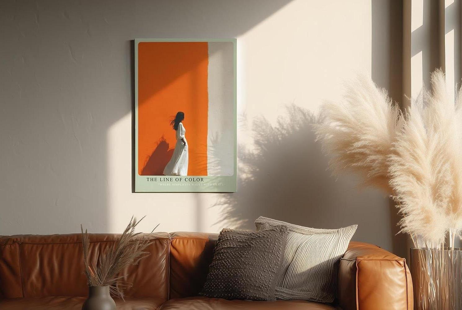 Paul Sinus Wandbild in 40x60cm Frau im weißen Kleid vor farbgetrennter Wand in Orange und Weiß