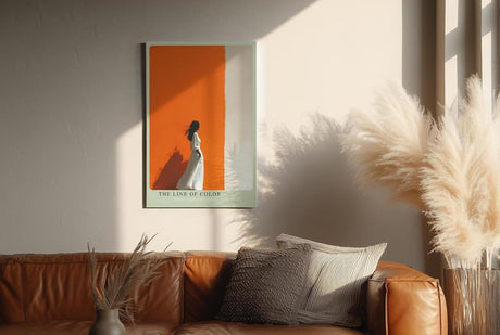 Paul Sinus Wandbild in 40x60cm Frau im weißen Kleid vor farbgetrennter Wand in Orange und Weiß