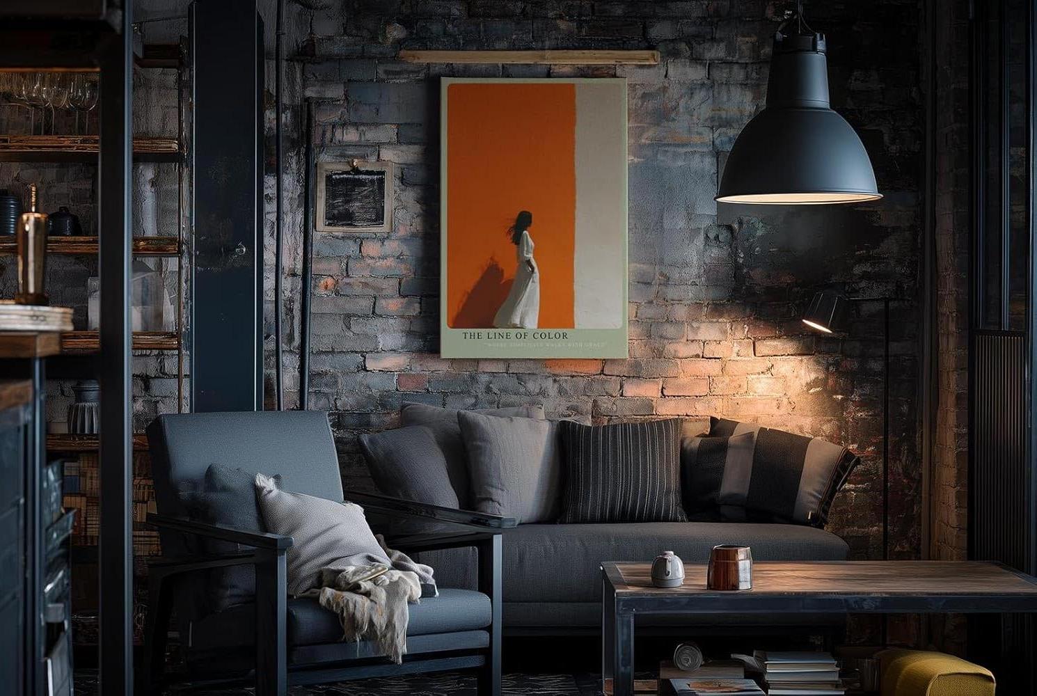 Paul Sinus Wandbild in 40x60cm Frau im weißen Kleid vor farbgetrennter Wand in Orange und Weiß