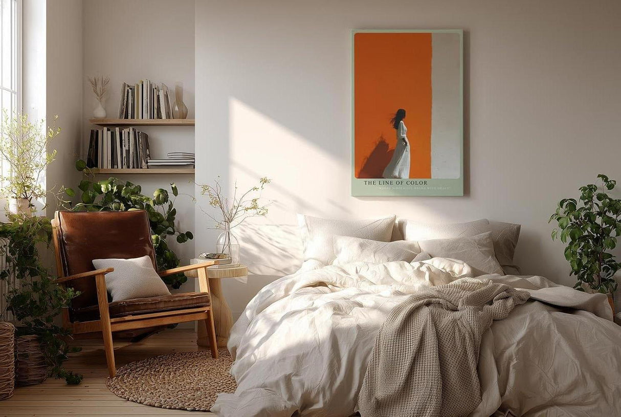 Paul Sinus Wandbild in 40x60cm Frau im weißen Kleid vor farbgetrennter Wand in Orange und Weiß