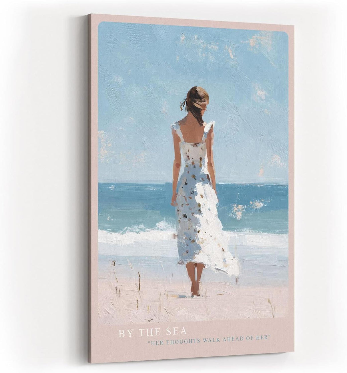 Paul Sinus Wandbild in 40x60cm Frau im weißen Sommerkleid am Strand – romantische Küstenkunst mit impressionistischem Charme für harmonische Wohnräume