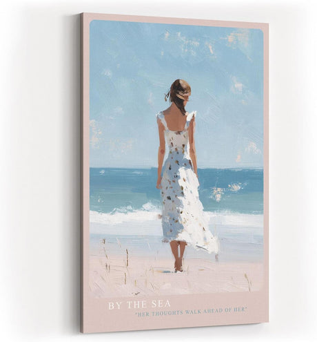 Paul Sinus Wandbild in 40x60cm Frau im weißen Sommerkleid am Strand – romantische Küstenkunst mit impressionistischem Charme für harmonische Wohnräume
