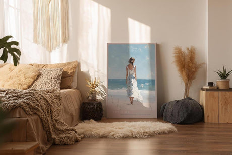 Paul Sinus Wandbild in 40x60cm Frau im weißen Sommerkleid am Strand – romantische Küstenkunst mit impressionistischem Charme für harmonische Wohnräume