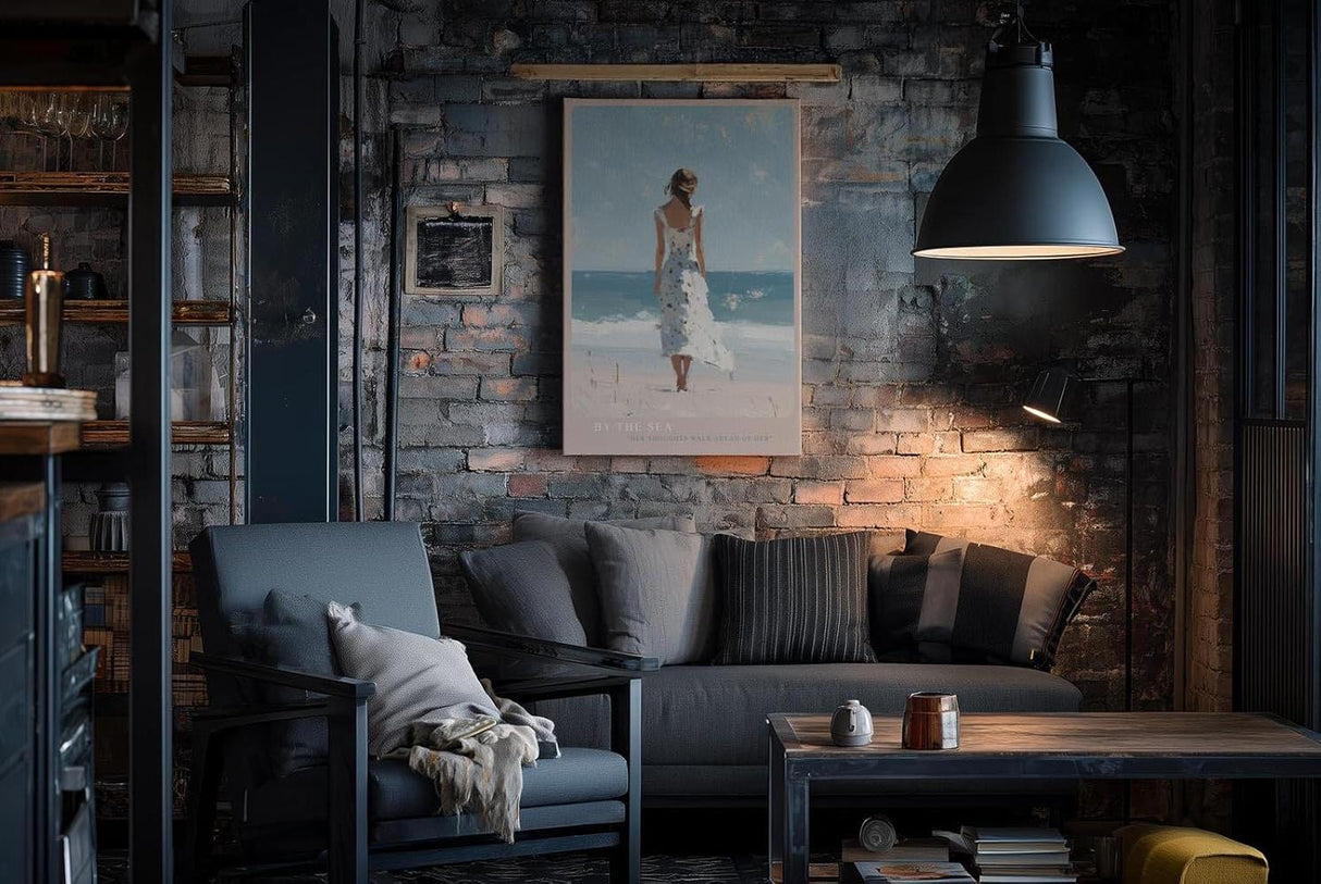 Paul Sinus Wandbild in 40x60cm Frau im weißen Sommerkleid am Strand – romantische Küstenkunst mit impressionistischem Charme für harmonische Wohnräume