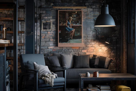 Paul Sinus Wandbild in 40x60cm Frau in blauem Kleid an Bar – modernes Porträt mit urbanem Flair
