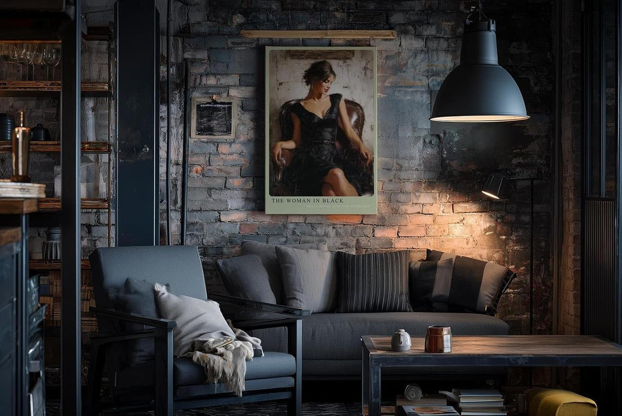 Paul Sinus Wandbild in 40x60cm Frau in elegantem schwarzen Kleid auf Lederstuhl – stilvolles Porträt in moderner Maltechnik