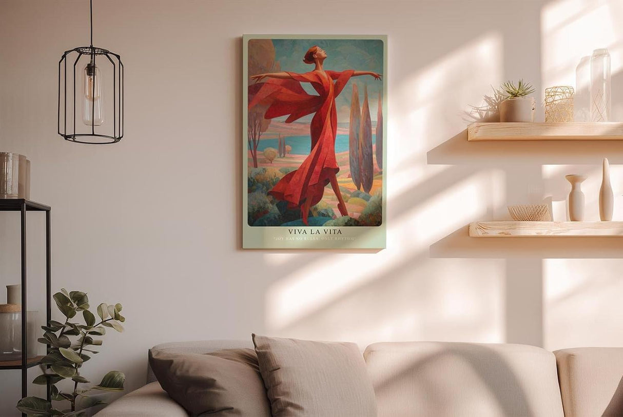 Paul Sinus Wandbild in 40x60cm Frau in rotem Kleid am Meer – ausdrucksstarkes Kunstwerk voller Bewegung und Lebensfreude