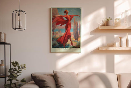 Paul Sinus Wandbild in 40x60cm Frau in rotem Kleid am Meer – ausdrucksstarkes Kunstwerk voller Bewegung und Lebensfreude