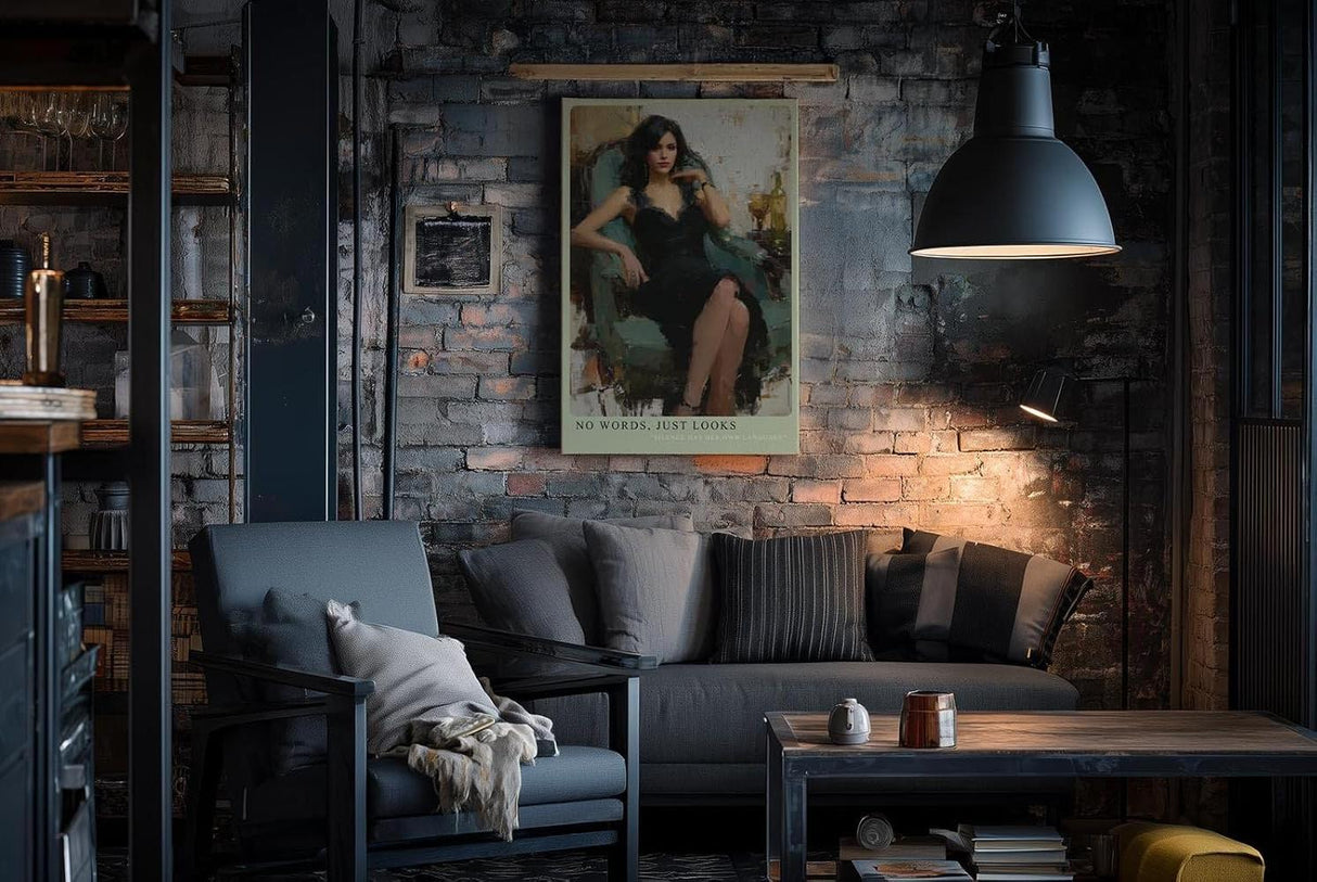 Paul Sinus Wandbild in 40x60cm Frau in schwarzem Spitzenkleid auf Sessel – modernes Porträt mit ausdrucksstarker Präsenz